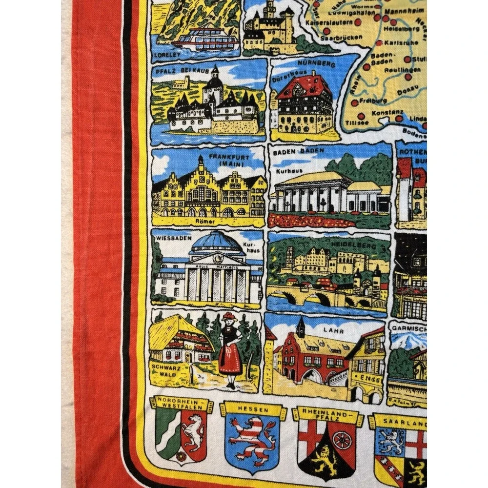 Vintage Map of‎ Germany Souvenir Tea Towel Crests/Leaf Border Linen 28x18 NWOT
